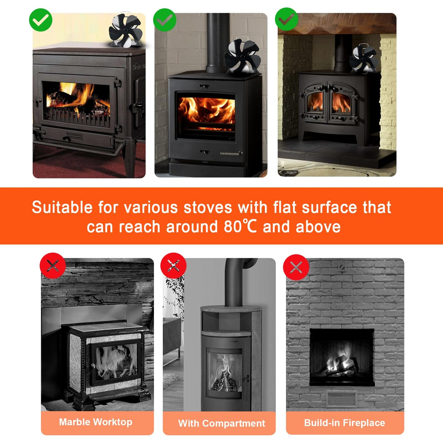 4.9inches Mini Stove Fan with Stove Thermometer Small Woodburning Fan for Small Space on Wood/Log Burner/Fireplace Top