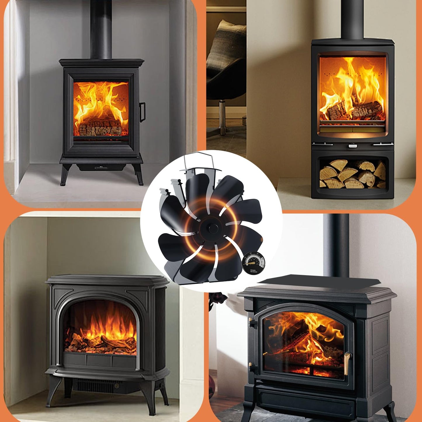 8 Blades Heat Powered Wood Burner Triangle Base Fireplace Fan with Thermometer