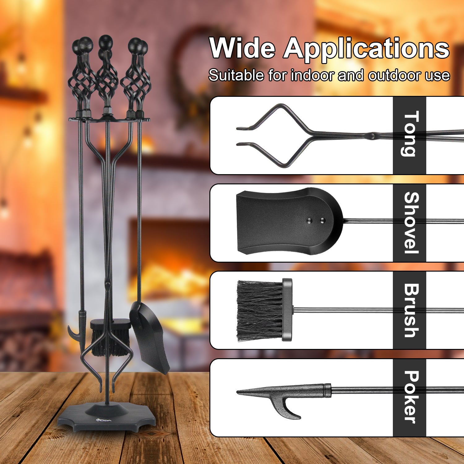 VODA 5-Piece Outdoor Holder Fireplace Accessories Large Fire Kit Fireplace Tools Set VODA SHOP