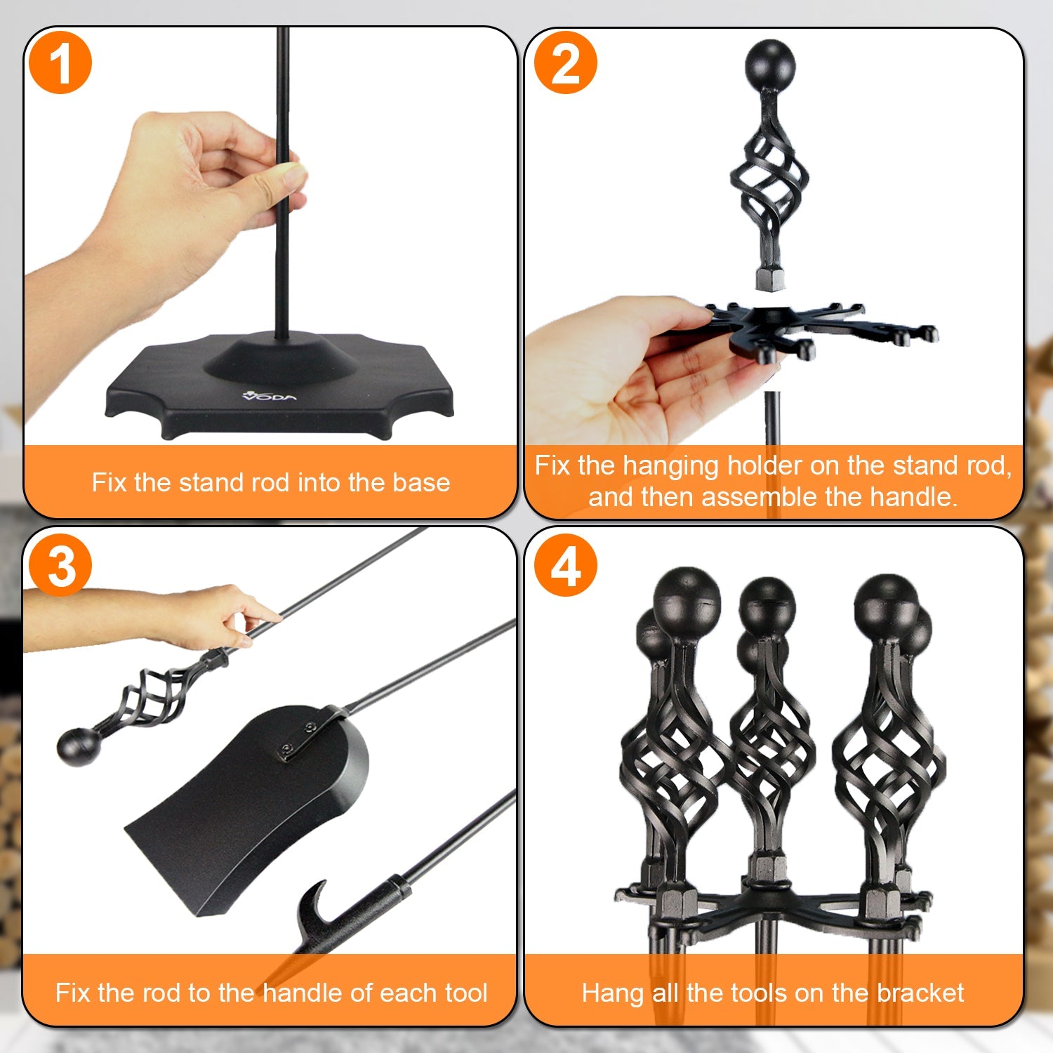 VODA 5-Piece Outdoor Holder Fireplace Accessories Large Fire Kit Fireplace Tools Set VODA SHOP