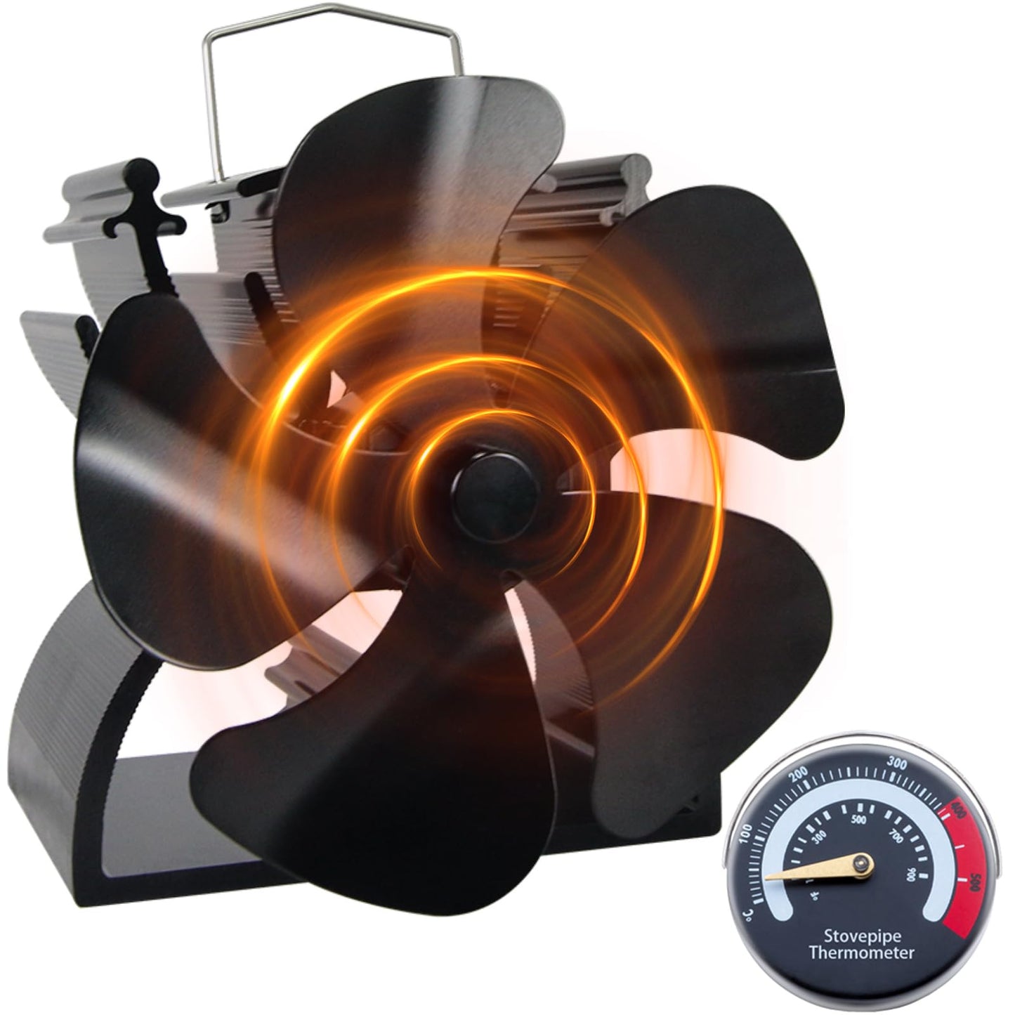 4.9inches Mini Stove Fan with Stove Thermometer Small Woodburning Fan for Small Space on Wood/Log Burner/Fireplace Top