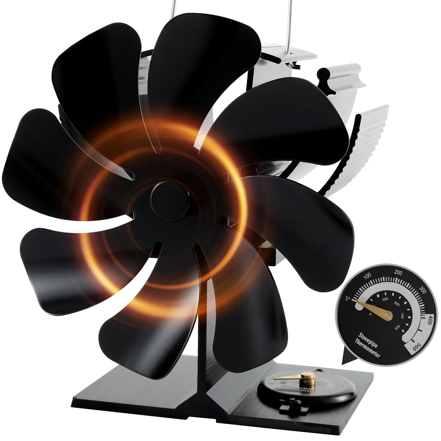 8 Blades Wood Burner Heat Powered Stove Fan with Temp Reminder Thermometer