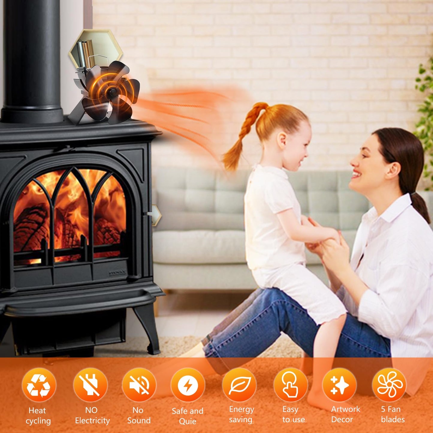 4.9inches Mini Stove Fan with Stove Thermometer Small Woodburning Fan for Small Space on Wood/Log Burner/Fireplace Top