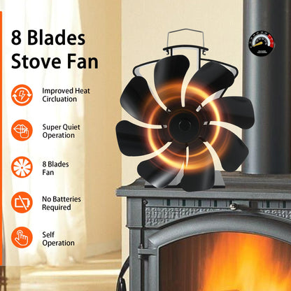8 Blade Stove Fan Heat Powered Fireplace Fan with Thermometer