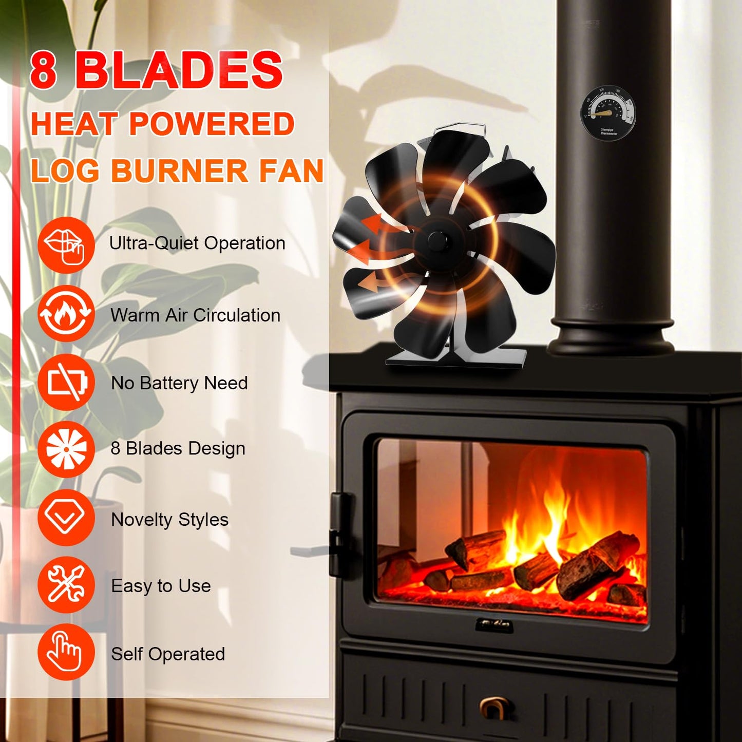 8 Blades Wood Burning Stove Fan with Thermometer for Woodburner