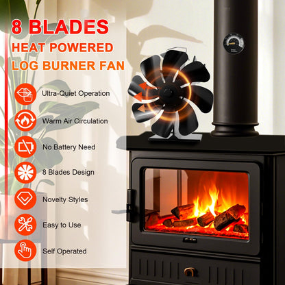 8 Blades Wood Burning Stove Fan with Thermometer for Woodburner