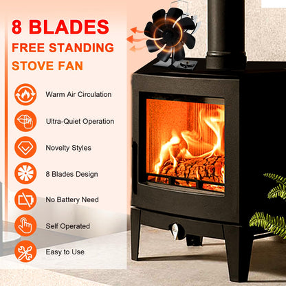 8 Blades Wood Burner Heat Powered Stove Fan with Temp Reminder Thermometer