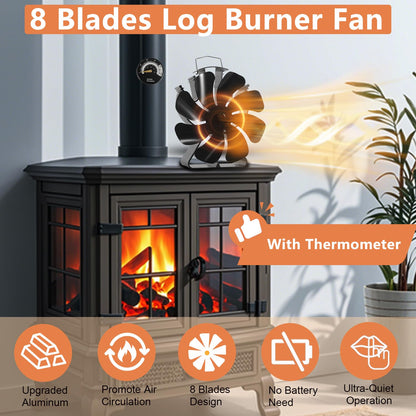 8 Blades Heat Powered Wood Burner Triangle Base Fireplace Fan with Thermometer