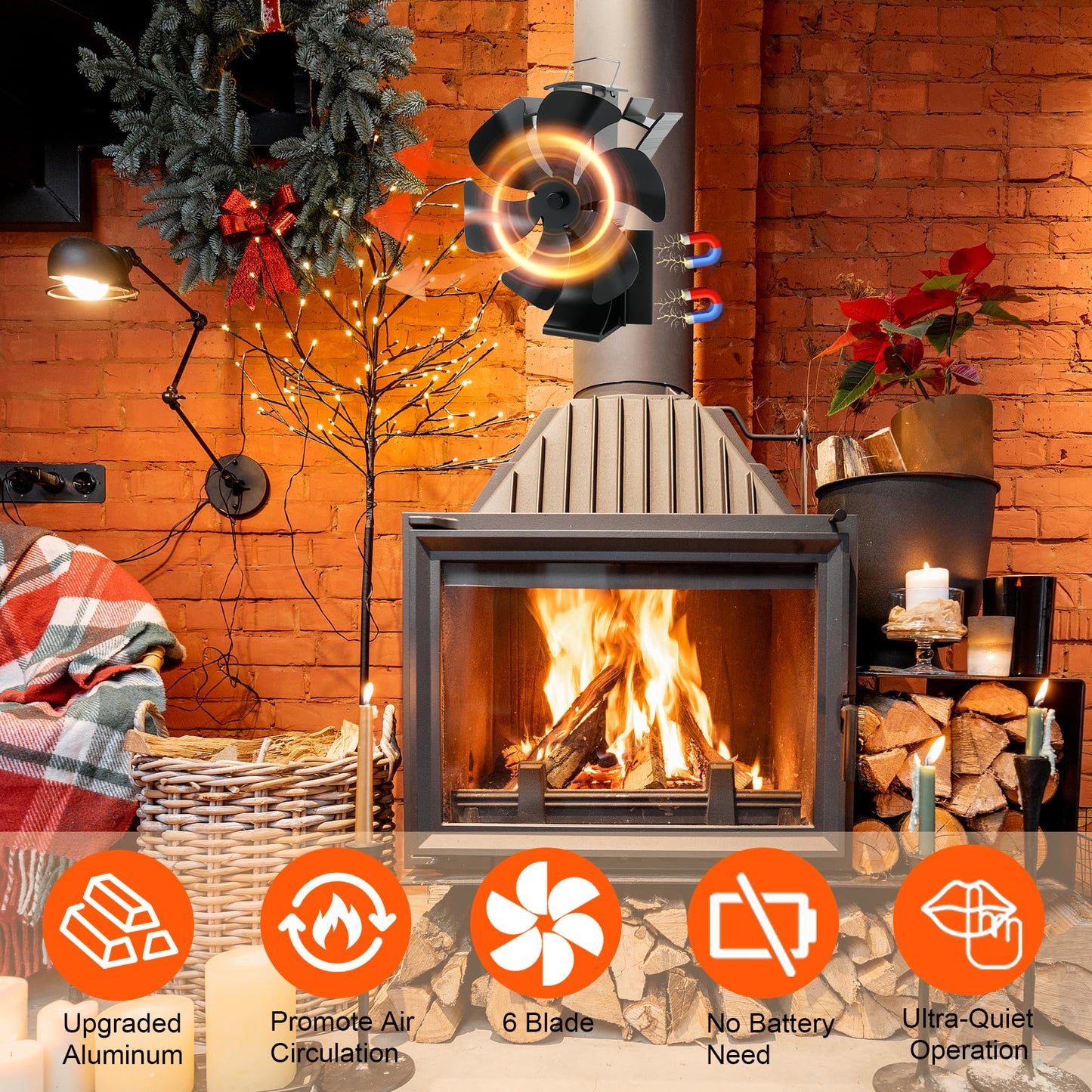 6 Sheets Magnetic Oven Fan Heat Powered Fireplace Fan with Thermometer