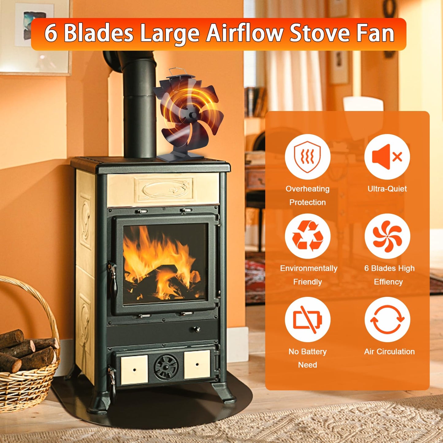 No Electricity 6 Blade Heat Powered Stove Fan for Wood Burner