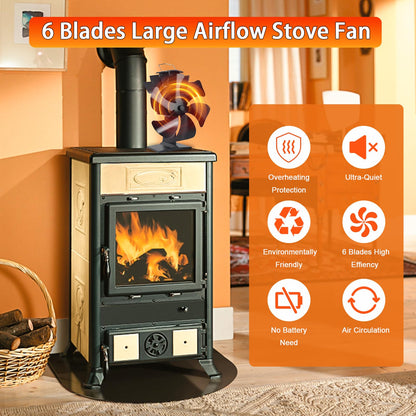 No Electricity 6 Blade Heat Powered Stove Fan for Wood Burner