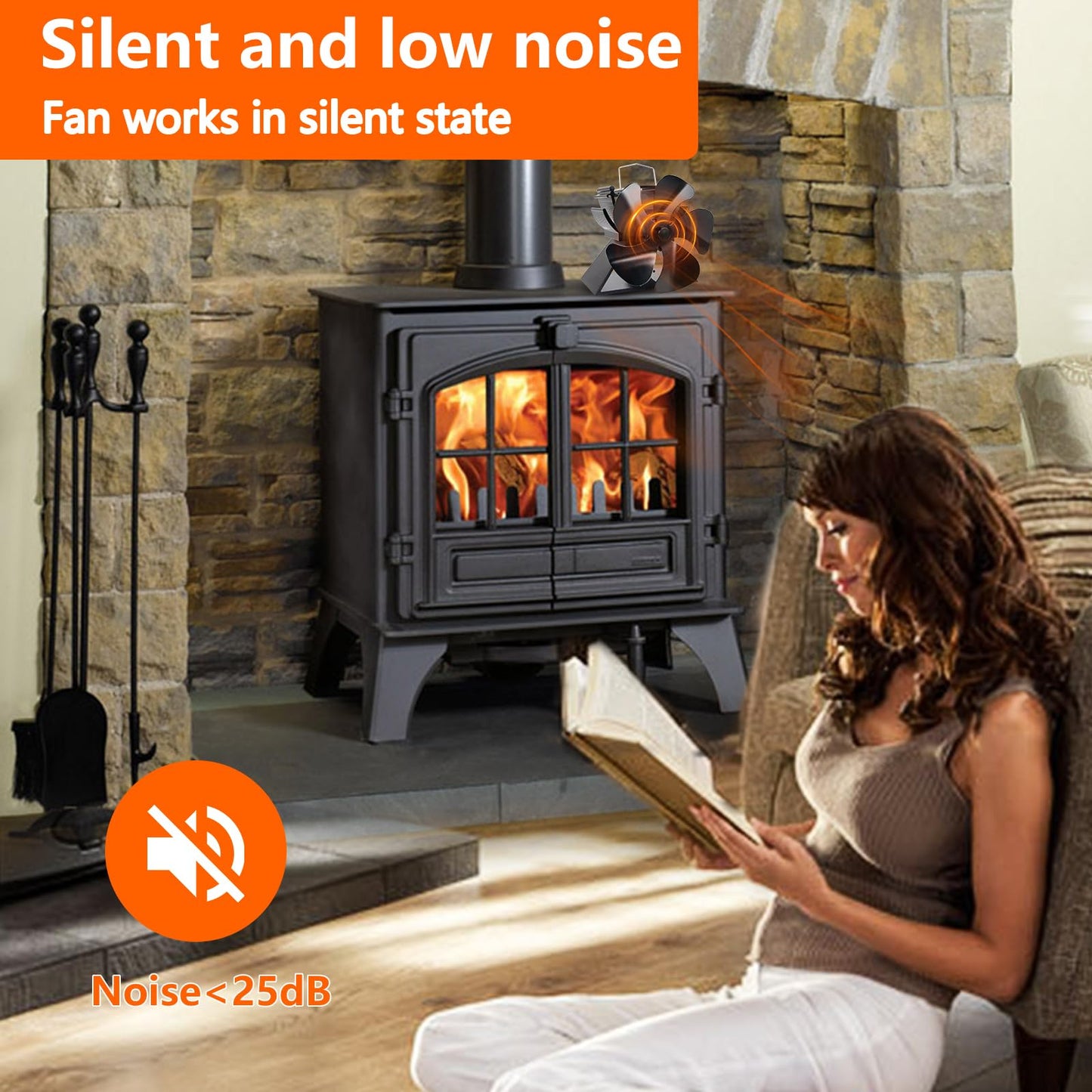 4.9inches Mini Stove Fan with Stove Thermometer Small Woodburning Fan for Small Space on Wood/Log Burner/Fireplace Top