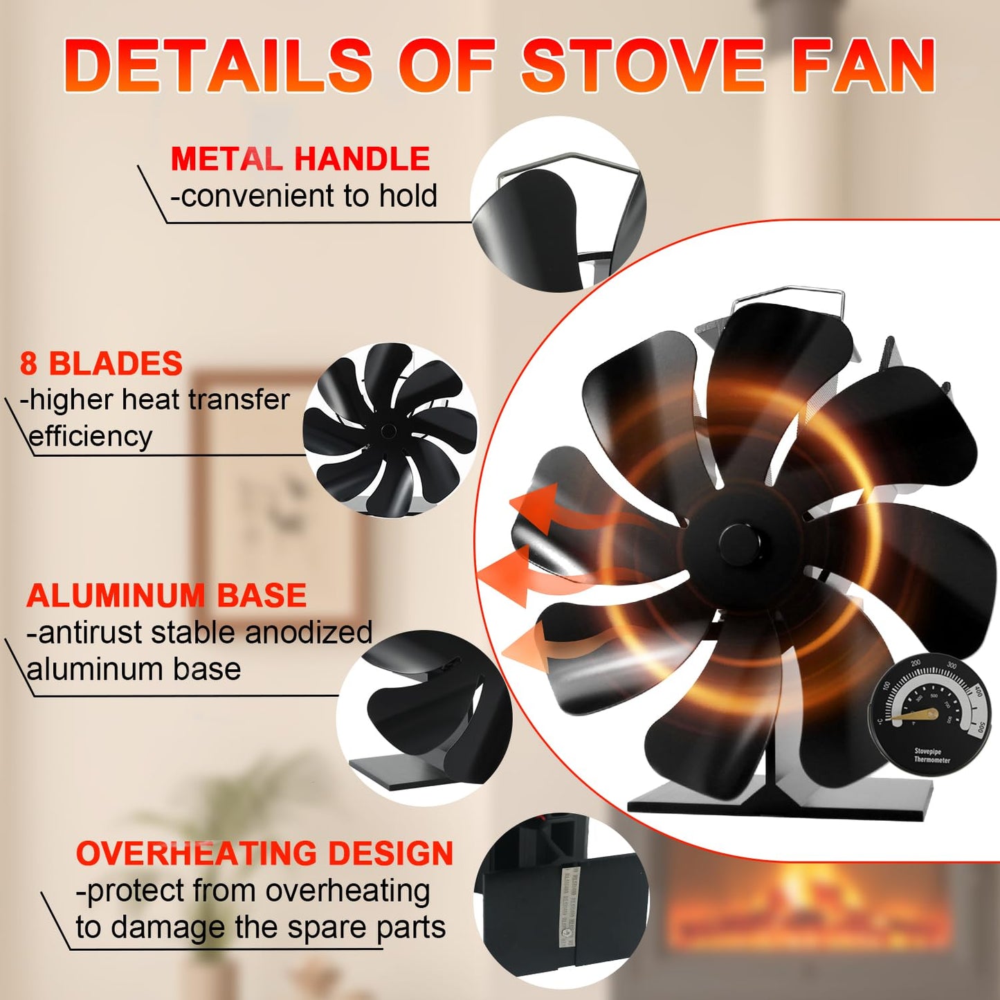 8 Blades Wood Burning Stove Fan with Thermometer for Woodburner