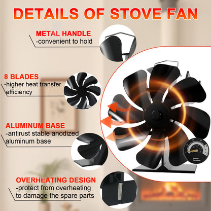 8 Blades Wood Burning Stove Fan with Thermometer for Woodburner
