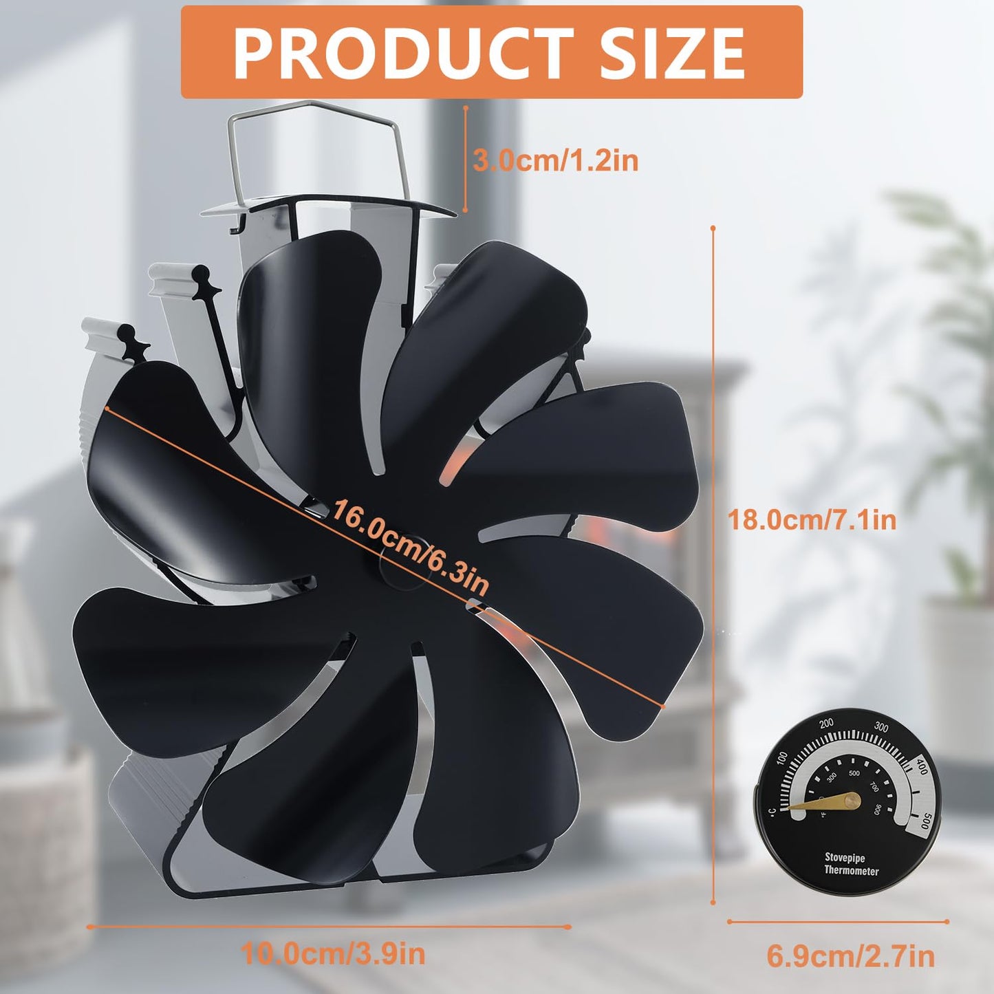 8 Blades Heat Powered Wood Burner Triangle Base Fireplace Fan with Thermometer