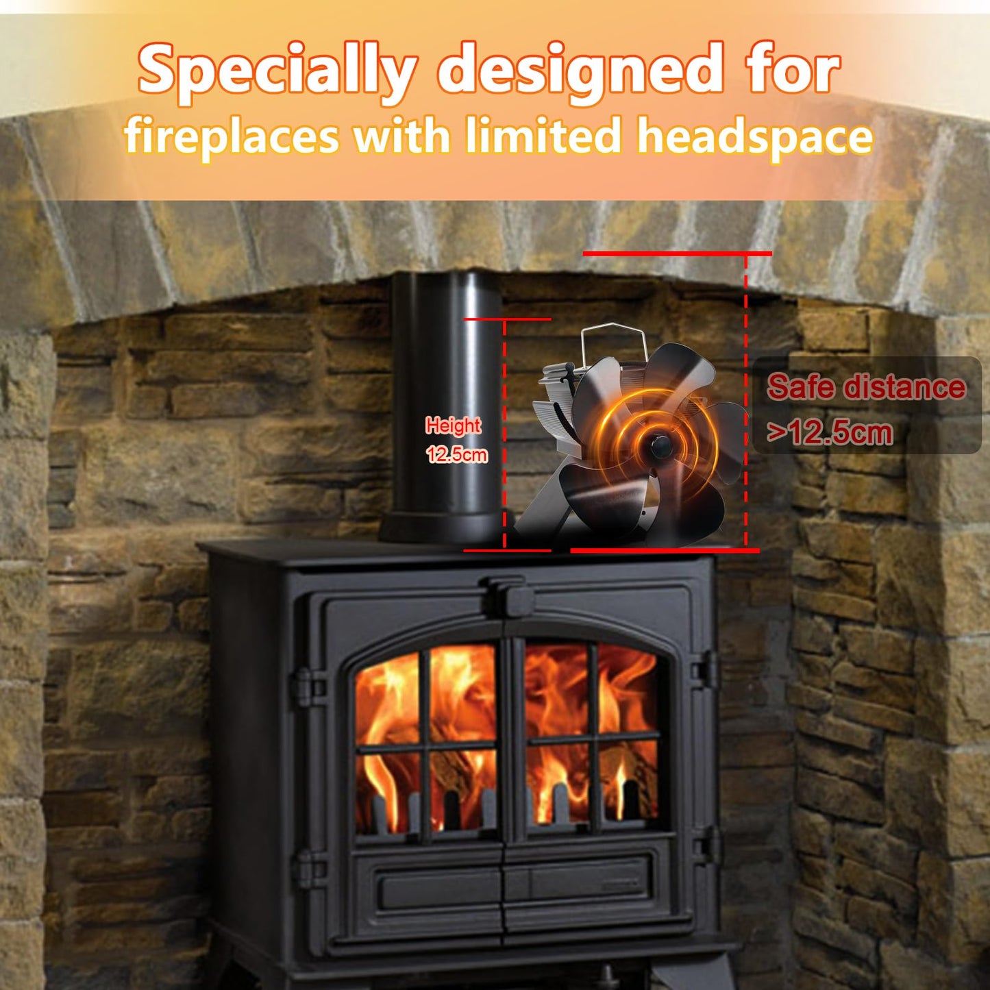 4.9inches Mini Stove Fan with Stove Thermometer Small Woodburning Fan for Small Space on Wood/Log Burner/Fireplace Top