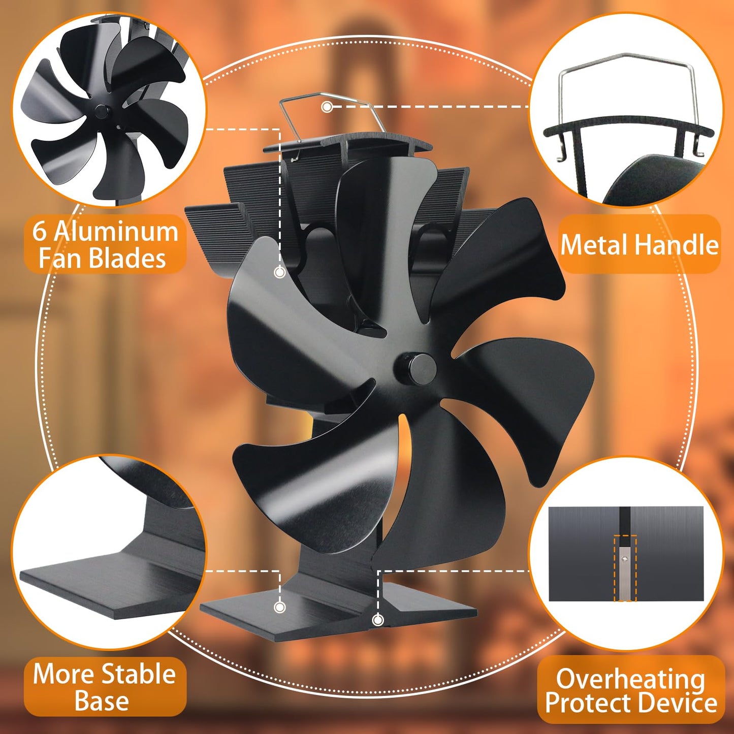 No Electricity 6 Blade Heat Powered Stove Fan for Wood Burner