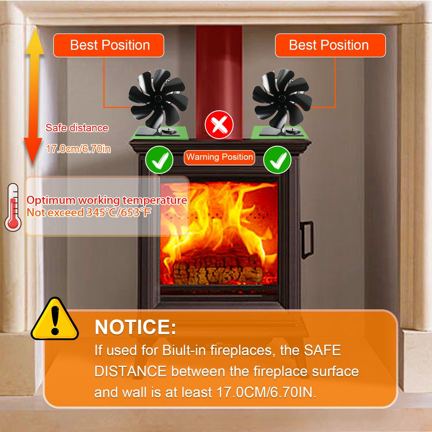 8 Blades Wood Burner Heat Powered Stove Fan with Temp Reminder Thermometer