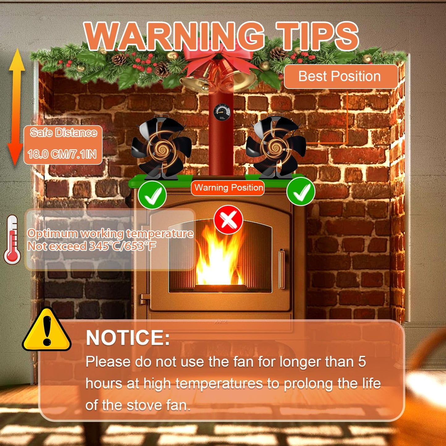 6 Blades with Thermometer Woodburning Heat Powered Fire Fans for Fireplace