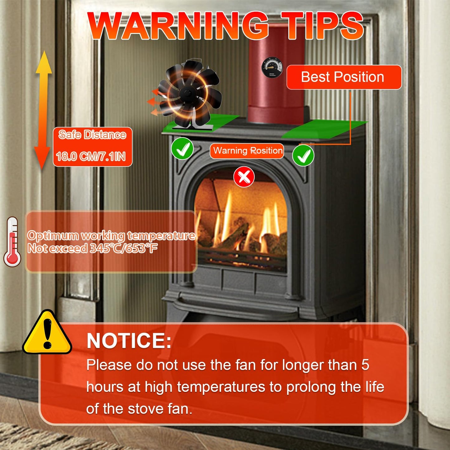 8 Blades Wood Burning Stove Fan with Thermometer for Woodburner