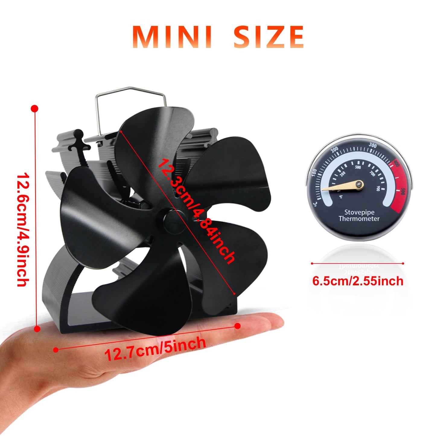 4.9inches Mini Stove Fan with Stove Thermometer Small Woodburning Fan for Small Space on Wood/Log Burner/Fireplace Top
