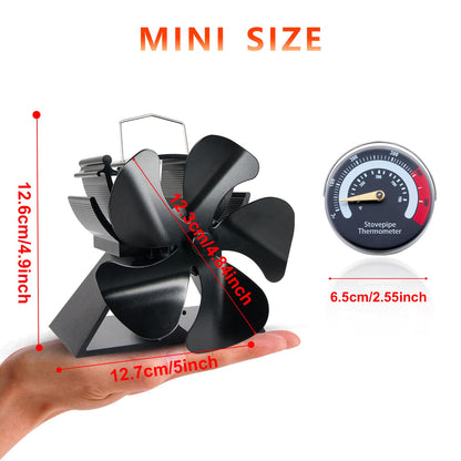 4.9inches Mini Stove Fan with Stove Thermometer Small Woodburning Fan for Small Space on Wood/Log Burner/Fireplace Top