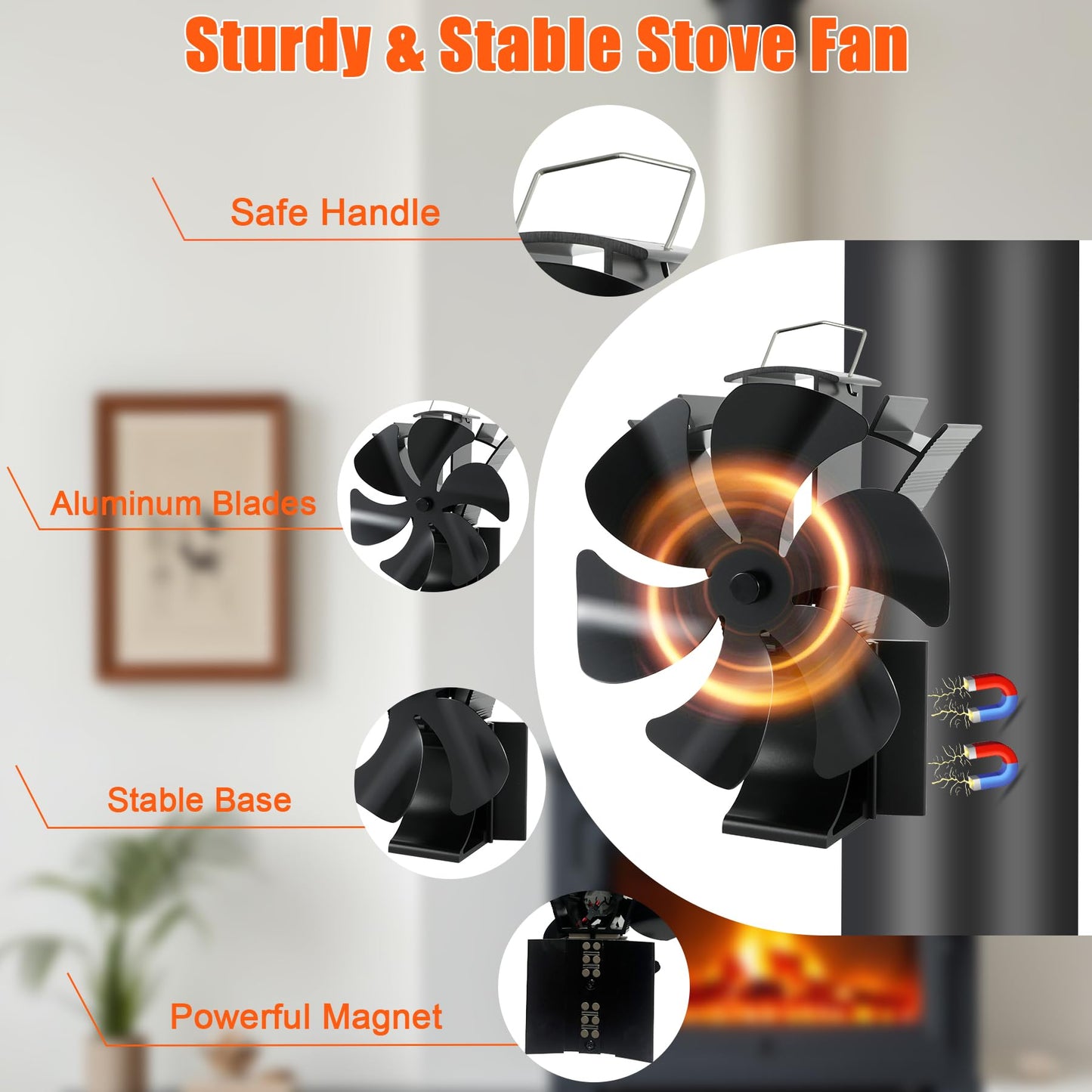 6 Sheets Magnetic Oven Fan Heat Powered Fireplace Fan with Thermometer