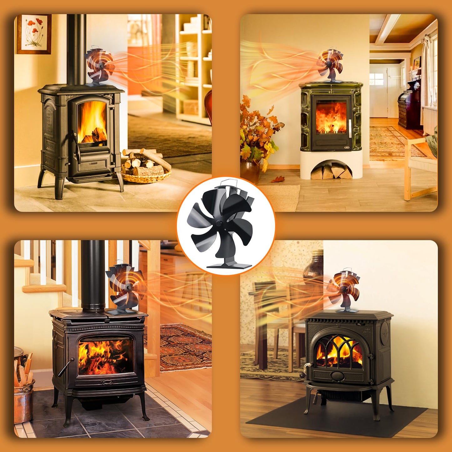 No Electricity 6 Blade Heat Powered Stove Fan for Wood Burner
