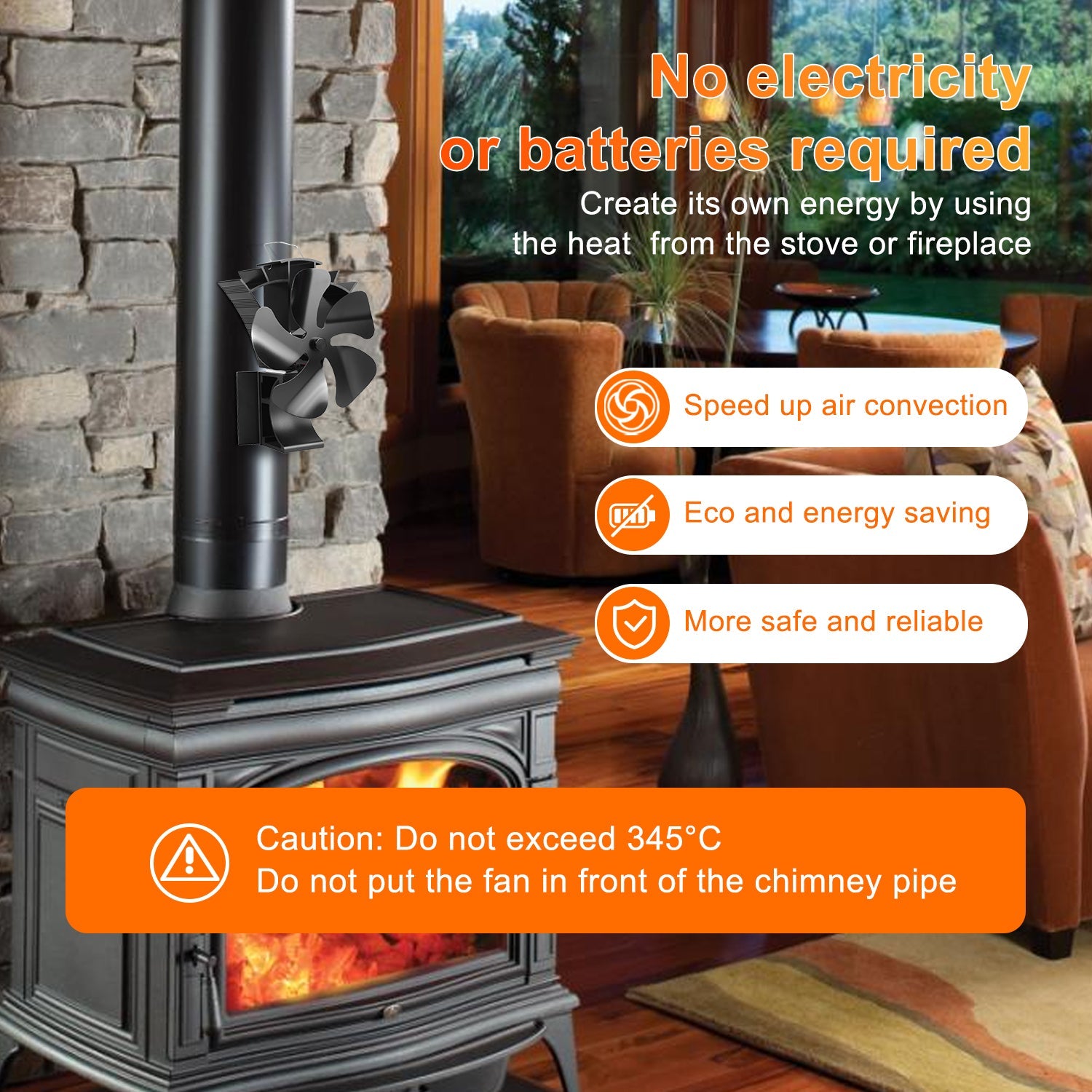 VODA Magnetic 5-Blade wood stove Chimney Fan3-in-1 Stove Fan with Adjustable Strap VODA SHOP