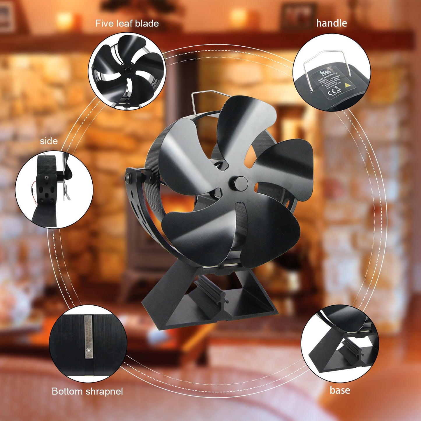 VODA Newly Designed 5 Blades Wood Stove Fan Heat Powered with 180°Adjustment Rotation VODA SHOP